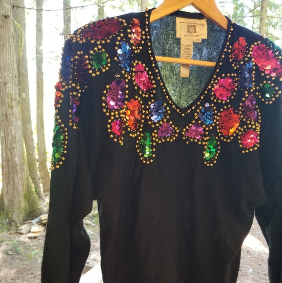 Large Anne Klein Knitwear ladies Sequin Sweater black rainbow long sleeve v neck - Picture 5 of 11
